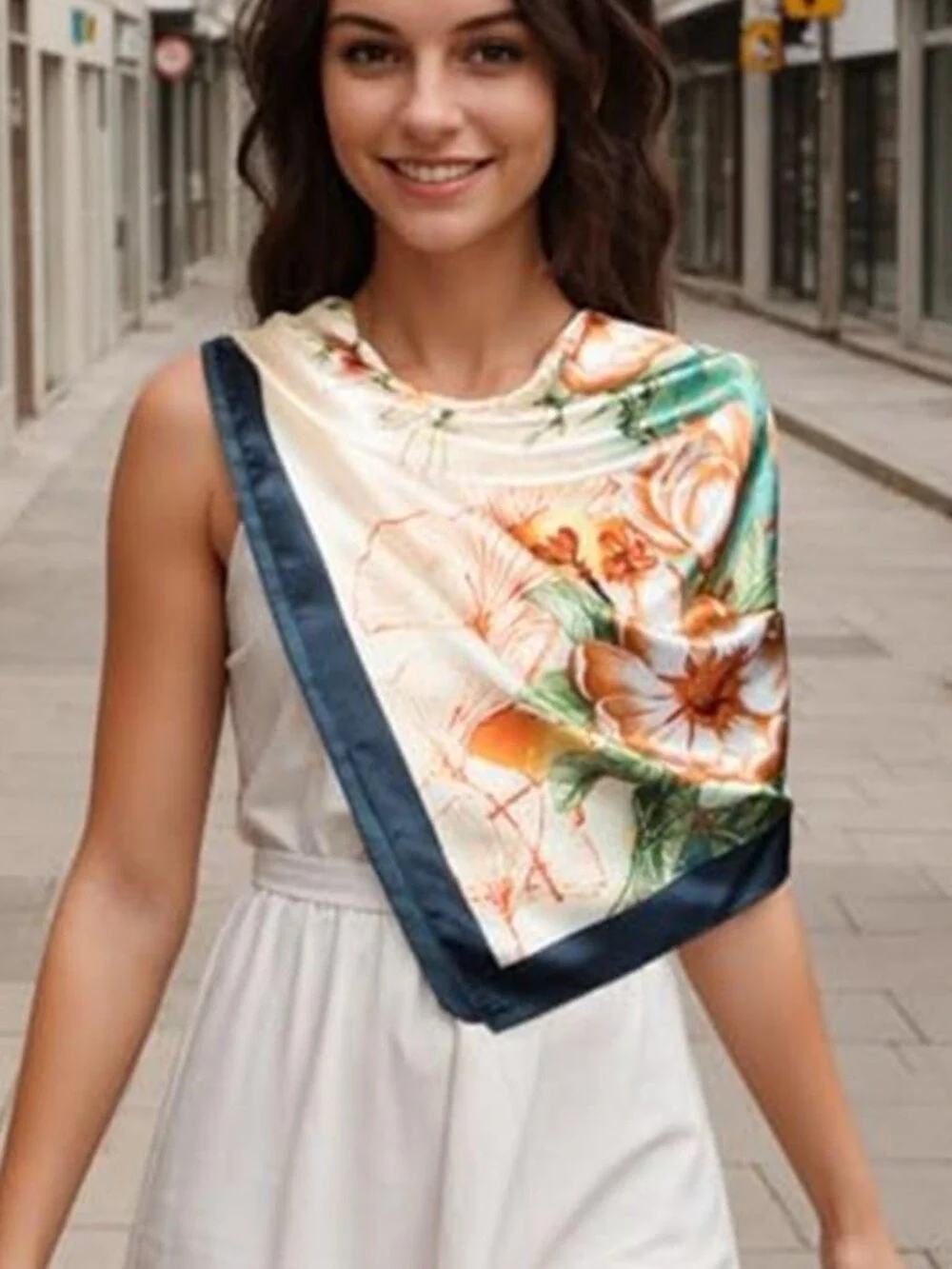 Head Scarf Like Silk Scarf Hair Scarf Printed Square Scarf Light Blue & Orange